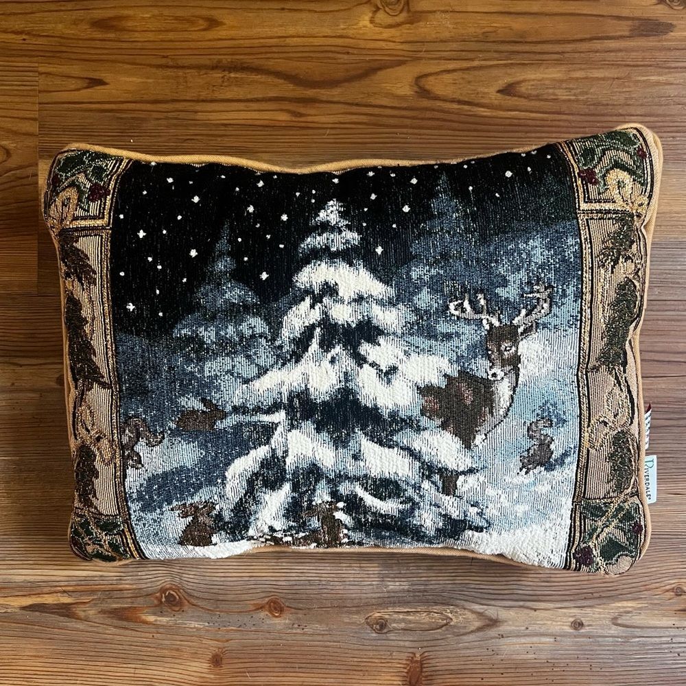 Riverdale Winter Deer Tapestry Pillow 16x12 Blue Gold Christmas Lodge Cabin USA